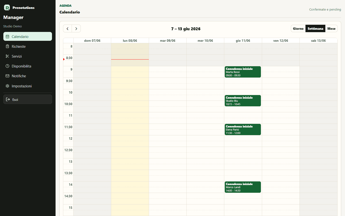 Calendario reale dell'area manager Prenotations con prenotazioni confermate